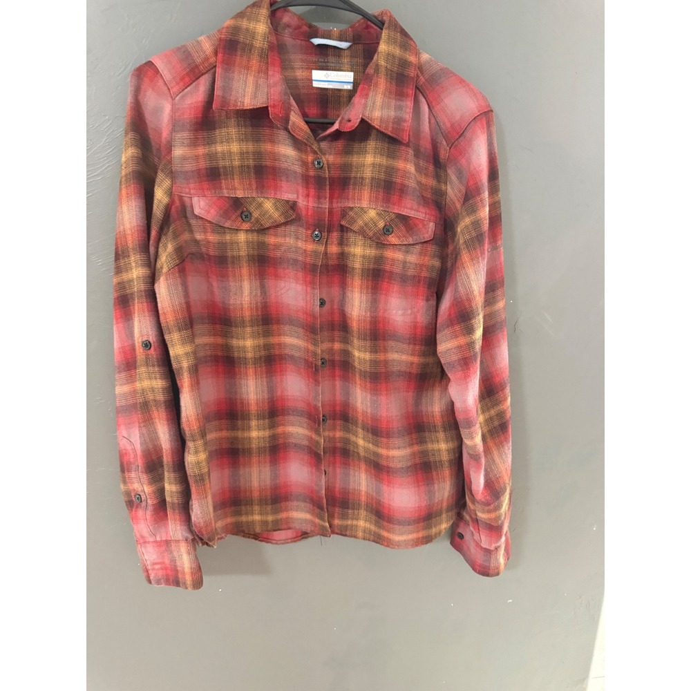 Columbia Omni-Shade Womens Medium Red Orange Plaid Flannel Button Up Shirt